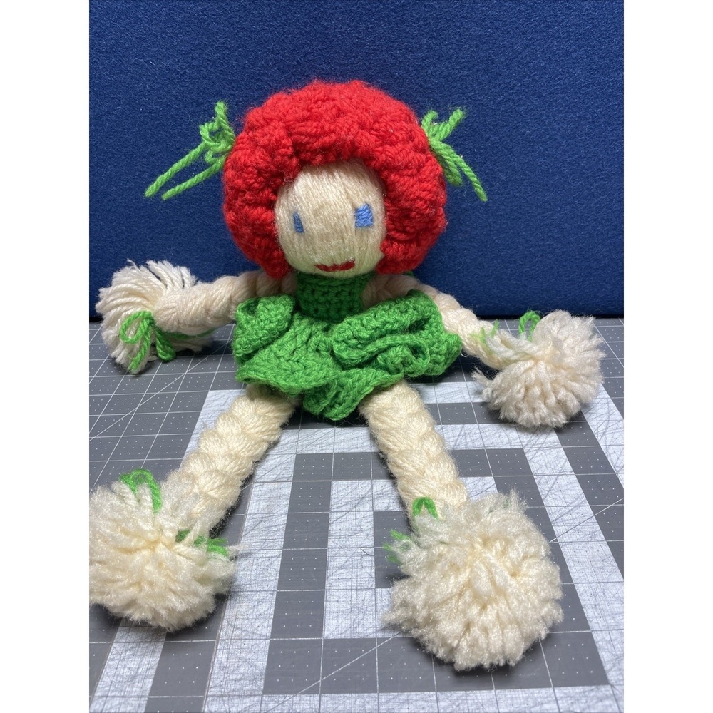 Handmade Crochet Doll Braided Plush Bows Green Red Soft Blue Eyes 17"‎ inch